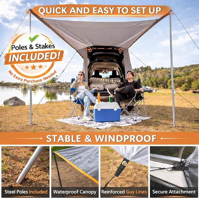 HEYTRIP Upgraded SUV Tailgate Tent with Poles &amp Stakes – Stable Awning Car Camping Tent Waterproof Windproof Hatchback Shelter Universal Fit for SUV Van &amp CUV