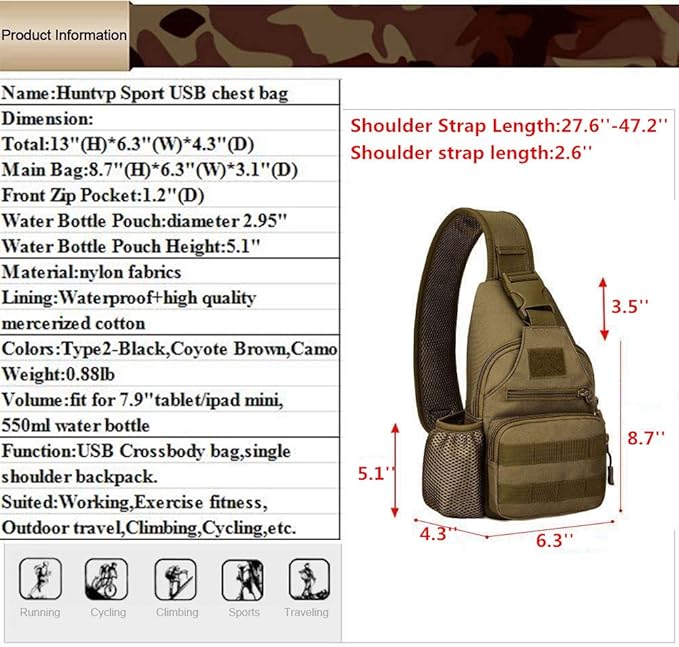 HUNTVP Small Tactical Sling Chest Pack Bag Molle Daypack Backpack Military Crossbody (Type2-Camo)