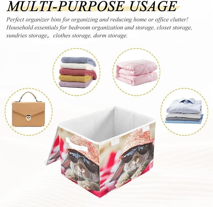 Storage Cube with Lid Rabbit on Beach Print 16.5×12.6×11.8 IN Collapsible Large Capacity Foldable Storage Basket Bin Organizer