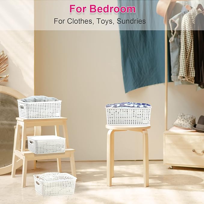 AREYZIN Plastic Storage Baskets With Lid Organizing Container Lidded Knit Storage Organizer Bins for Shelves Drawers Desktop Closet Playroom Classroom Office White 6 Pack