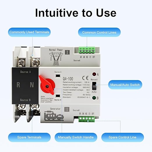 Dual Power Automatic Transfer Switch 2P 100A ATS Dual Power Generator Changeover Switch 110V Mini Electrical Selector Switches