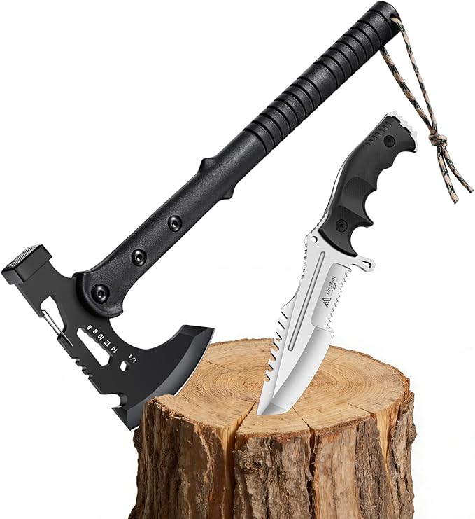 Freelander Camping Axe with Sheath and Fixed Blade KnifePlain &amp Serrated Edge