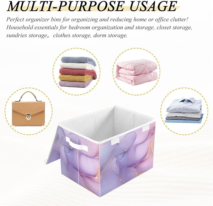Storage Cube with Lid Luxurious Marble Print 16.5×12.6×11.8 IN Collapsible Large Capacity Foldable Storage Basket Bin Organizer