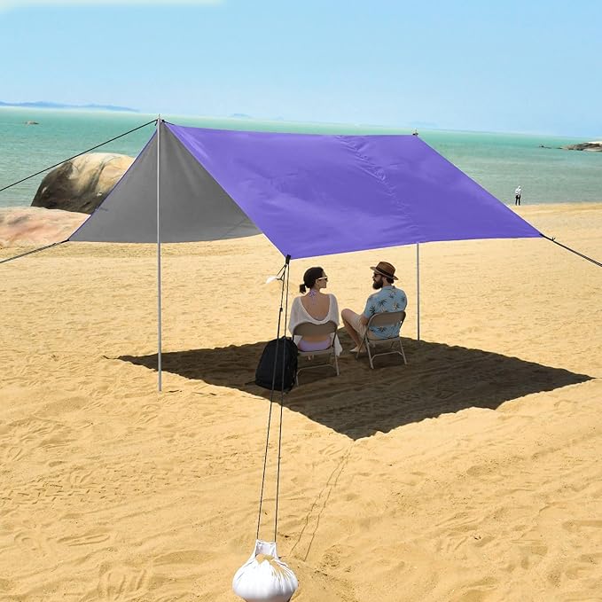 Slate Blue Purple Beach Cabana UPF50+ Protection Easy Setup Large Portable Sun Shelter with Sandbags Sand Shovel Poles for Camping Picnics Backyard