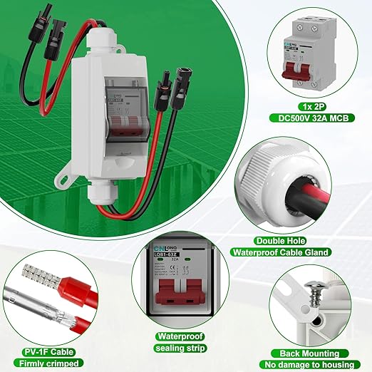 Solar Panel Disconnect Switch 32 Amp 500V DC Miniature Circuit Breaker with Plug-and-Play Connector and IP65 Waterproof Box for Outdoor PV or AC Stystem RV and Solar
