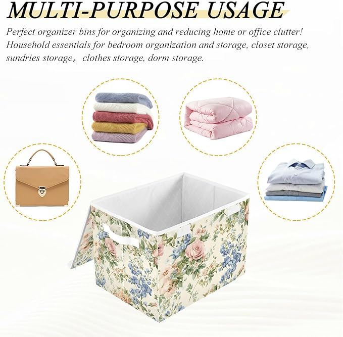 Collapsible Storage Bins with Lids Decorative Fabric Storage Cubes Closet Organizer and Storage Basket Boxes Containers for Clothes Box Chest Nursery Folding Rectangle Shabby Rose Bluebonnet