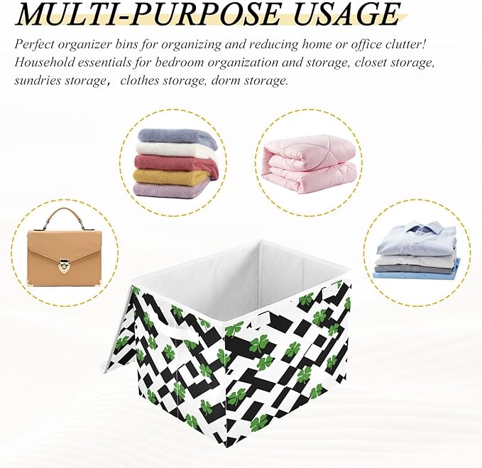 Clover Stripes Fabric Storage Bins with Lids and HandleFoldable Storage Bins with LidsCloset Organizers for Clothes Storage Room Organization Office Storage Chest Organizer
