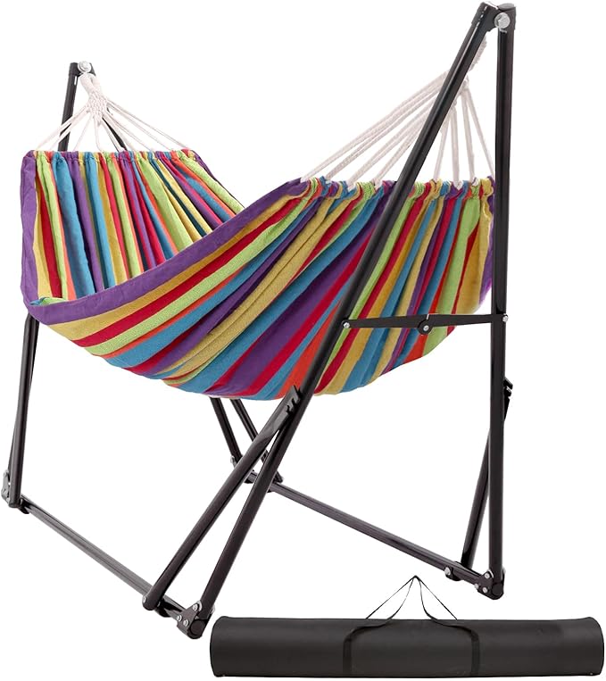 Hammock with Foldable Steel StandFrabic Tension Adjustable IndoorCarrying Bag Included 616 lbs Weight Capacity Portable Suitable for Outside Garden Yard Outdoor Inhouse Multicolour