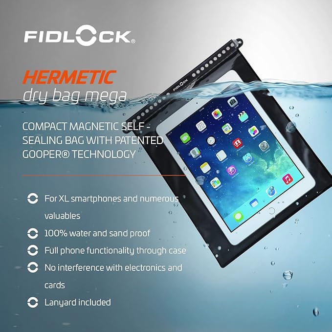 FIDLOCK Hermetic Dry Bag Flexible Magnetic Self-Sealing Bag for Cellphone | 100% Water &amp Sand Proof | Practical Size with a Large Opening | Lanyard Included | Maxi | Blue Transparent