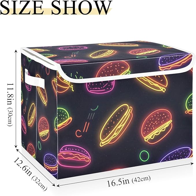 Collapsible Storage Bins with Lids Decorative Fabric Storage Cubes Closet Organizer and Storage Basket Boxes Containers for Clothes Box Chest Nursery Folding Rectangle Neon Burgers Black