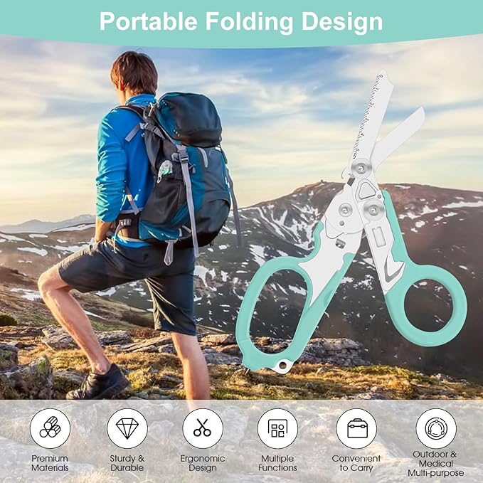 6-in-1 heavy-duty/trauma shears Folding Retractable Emergency Shears Outdoor Camping Tools Seat Belt Cutter Oxygen Cylinder Wrench Complimentary Adjustable Wrench (Aqua blue)