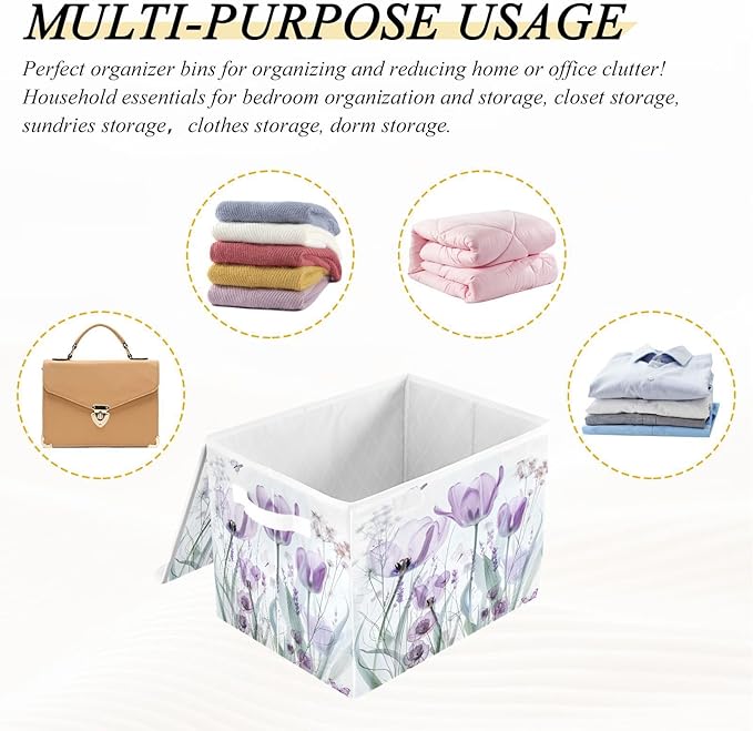 senya Baskets Collapsible Storage Bins with Lids Purple Tulips Flowers Pastel Storage Boxes Clothes Baskets for Organizing B06D22020