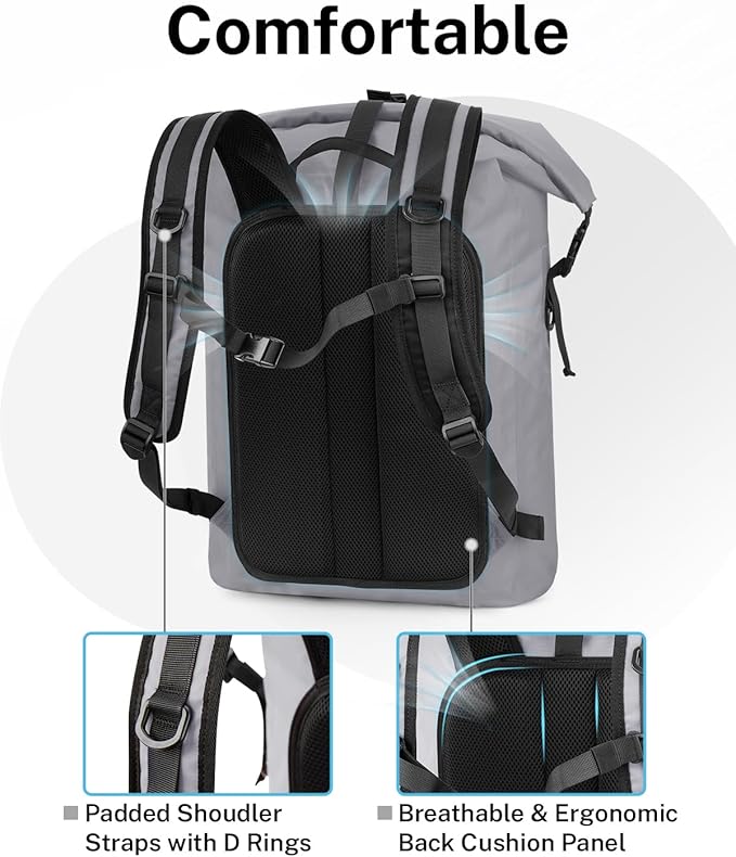 Gonex Ultralight Waterproof TPU Backpack 35L Roll Top Dry Bag with Comfortable Padded Back Panel for Kayaking Boating Camping Fishing TravelGrey