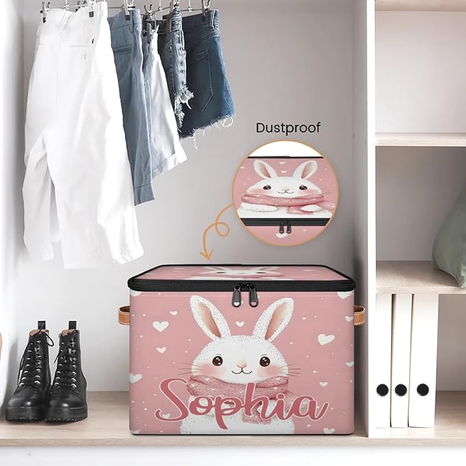 Custom Storage Basket with Name Personalized Storage Bins with Zipper Lid Foldable Fabric Storage Box Large capacity with Handle Scarf Bunny