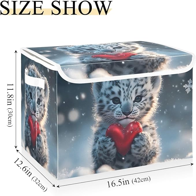 AIXIWAWA Lidded Storage Cube (Snow Leopard Heart) Fabric Foldable Closet Bins with Flip Lid and Handles Organizer Basket Container 16.5 x 12.6 x 11.8 IN