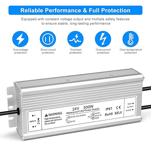 24V 500W LED Power Supply IP67 Waterproof LED Driver AC 110V to DC 24 Volt 20.83A Low Voltage Transformer Converter for Outdoor LED Lights Lighting Projects &amp Industrial 3-Prong Plug &amp 3.3