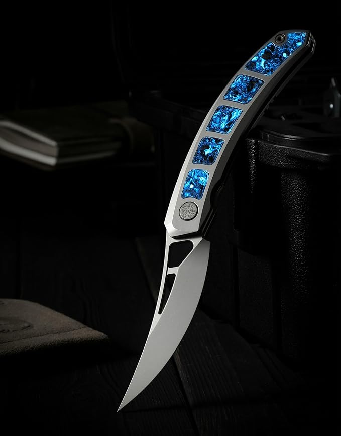 Cavolknife Kamasu Front Flipper Folding Knife3.74 M390 Steel Blade Persian KnifeTitanium &amp GITD Carbon Fiber Handle Pocket Knife Glowing in the darkTitanium Pocketclip(Grey)