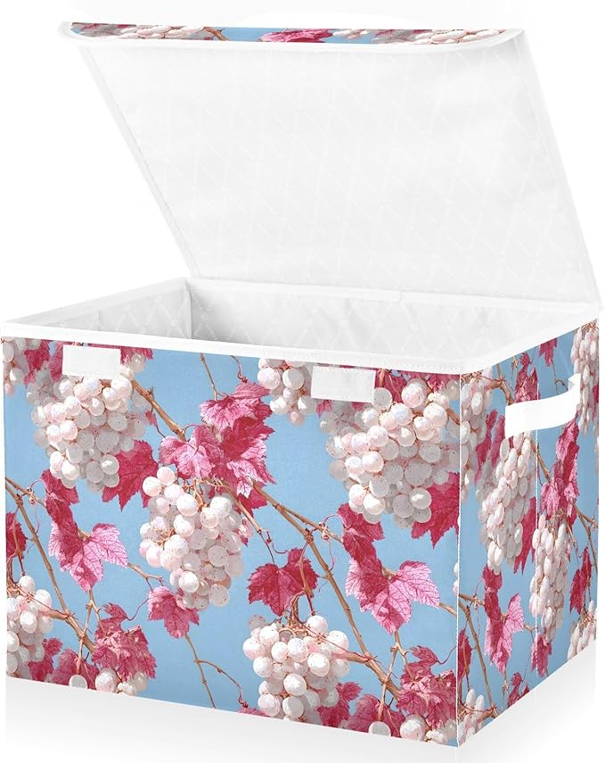 Grape Pattern Print Storage Basket Bins with Lid Foldable Flip-top with Handle for Home Office 16.5×12.6×11.8 in 1 Pack