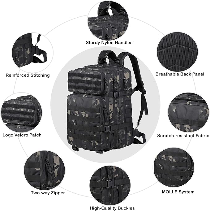 56L Tactical Backpack Military Molle Backpack Army 3 Day Waterproof Durable Hiking Rucksack for Men 24H Outdoor Survival Bug Out Bag for Camping Travel Hunting Camouflage Black