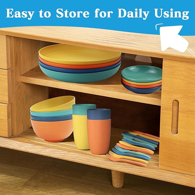 Wrova Wheat straw plates and bowls sets with cutlery - Unbreakable wheat straw dinnerware sets of 28 - Microwave safe platesbowlscups for campingkitchennew apartment.Colorful