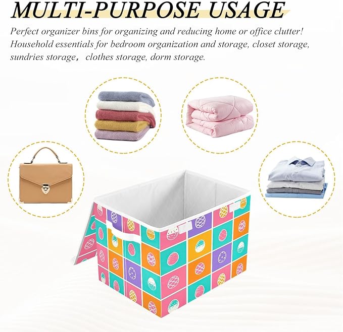 Christmas Storage Baskets with Lids Colorful Eggs Collapsible Bins Stackable Fabric Linen Baskets Closet Organizer Container 16.5x12.6x11.8