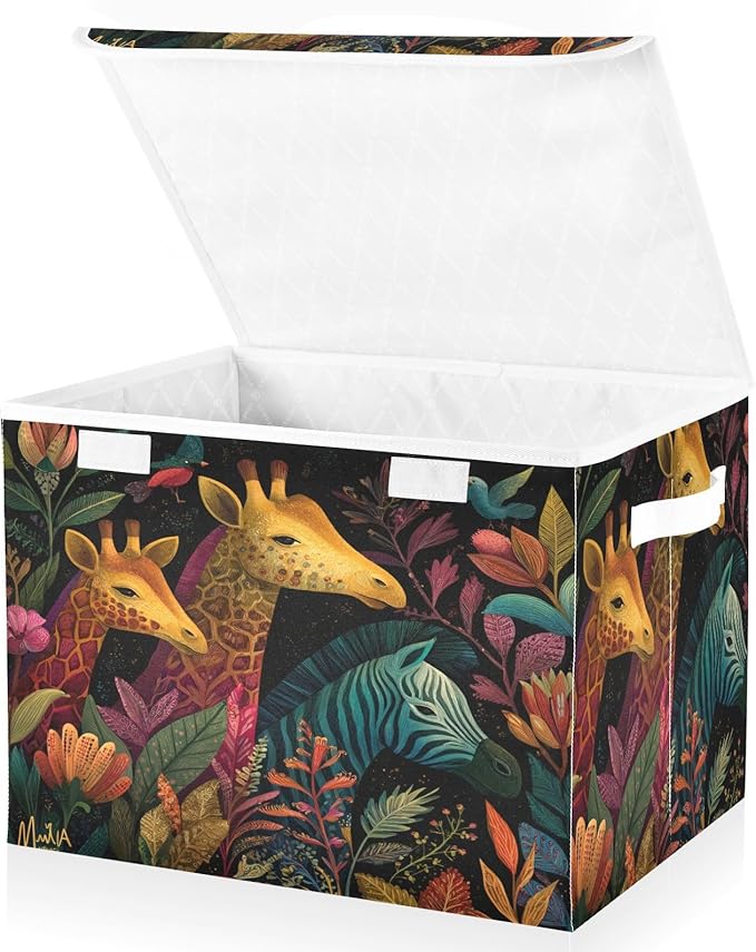 Fantasy Jungle Giraffes Zebra Black Collapsible Storage Bins with Lids Decorative Fabric Cubes Closet Organizer Basket Boxes Containers for Clothes Box Chest Folding Rectangl