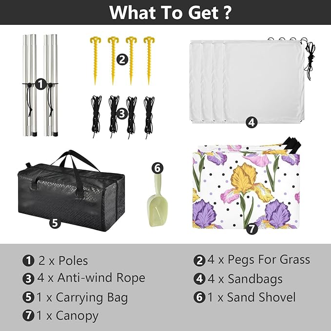 ALAZA Iris Flower Polka Dots Beach Tent Sun Shelter UPF50+ Protection Beach Shade Canopy w/ 4 Sandbags for Outdoor Camping Fishing Backyard Fun Picnic 10x9 ft
