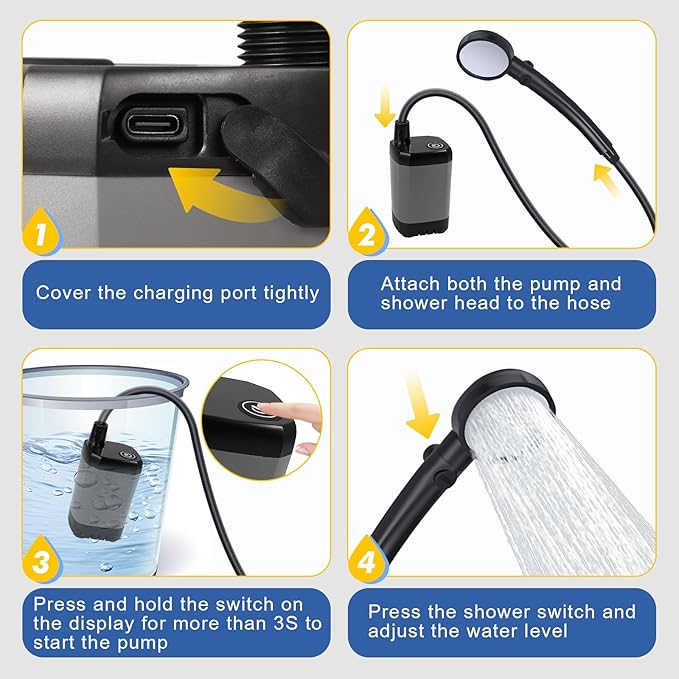 Fohil Portable Shower for Camping 6000mAh Rechargeable Portable Outdoor Shower with Digital Display IPX7 Waterproof Outdoor Camp Pump for Camping Beach Hiking Travelling Pet Cleaning