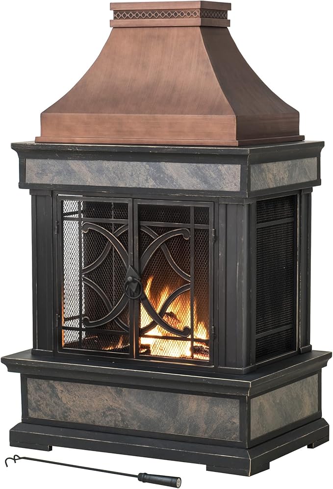 Sunjoy Outdoor Fireplace Stone Look Tile Patio Wood Burning Steel Fireplace with Chimney Spark Screen Fire Poker Rain Cover and Removable Grate Copper with Gray Tile
