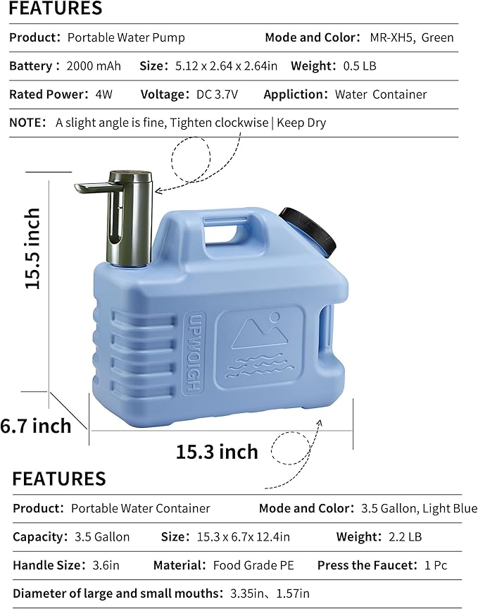 UPWOIGH 3.5 Gallon Portable Water Jug in Light Blue with Screw-Lock Leakproof Touch Pump Nature-Inspired Carved Container with Spigot Type-C Rechargeable Outdoor Water Tank for Camping Hiking