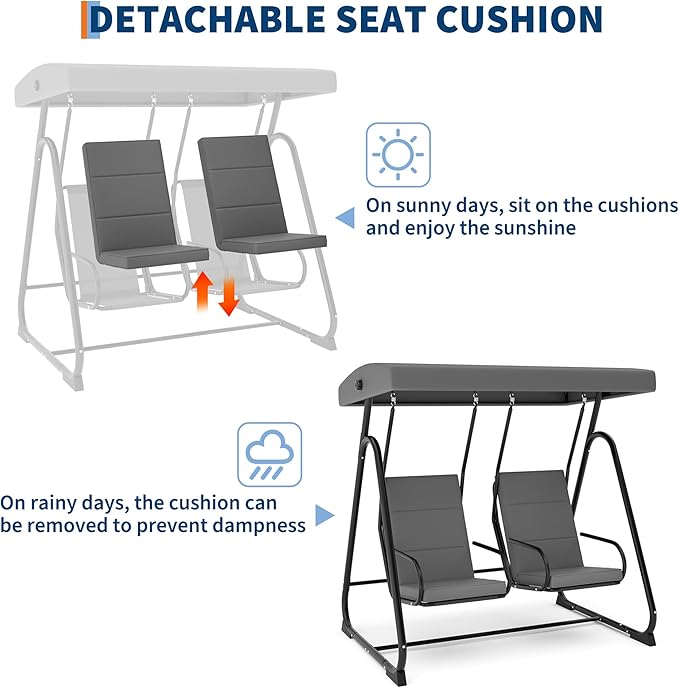 2-Person Patio Swing Chair with Adjustable Canopy - Heavy Duty Outdoor Swing Glider with Removable Cushions for Porch Garden Poolside &amp Backyard Relaxation Dark Grey