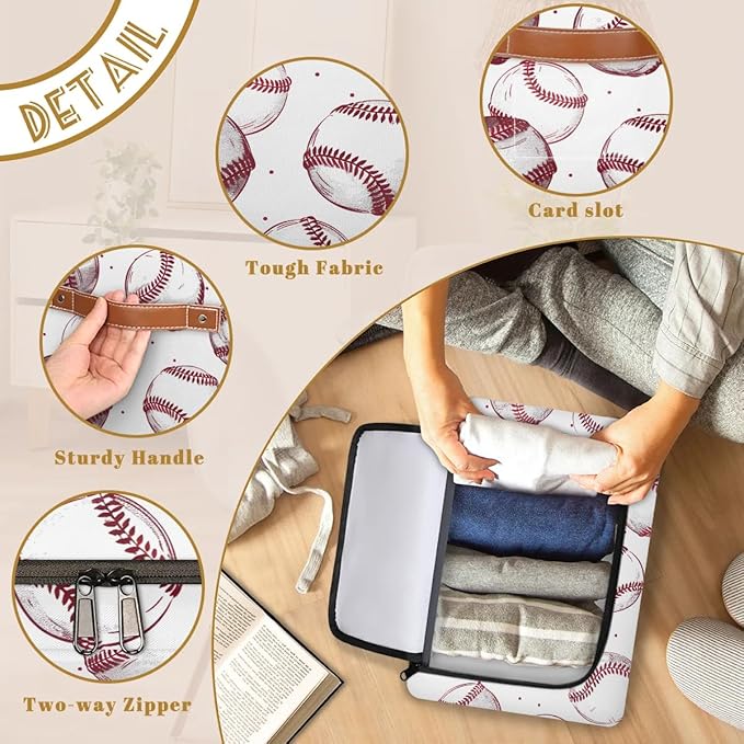 Sport Baseball Storage Bins with Zipper Lid Collapsible Fabric Storage Basket with Leather Handles Closet Shelf Cloth Organizer Basket for Nursery Bedroom Clothes Toy