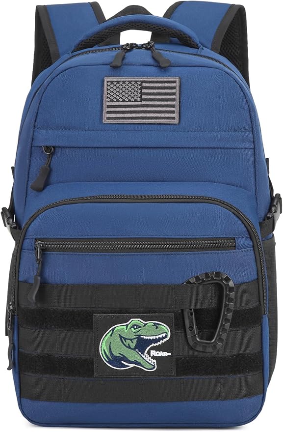 Kids Tactical Backpack Army Molle Bookbag Military Boys Backpack for School Outdoor Camping (Includes 2 Patches+1Carabiner) Blue