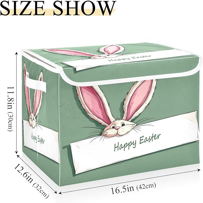 Happy Easter Storage Baskets with Lids Collapsible Bins Stackable Fabric Linen Baskets Closet Organizer Container 16.5x12.6x11.8