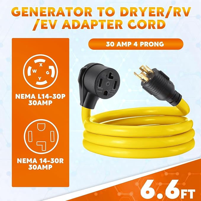Tellegloww 6.6FT 30A Generator to Dryer Adapter Cord Compatible with NEMA L14-30P to 14-30R 4-Prong Locking Male to 3-Prong New Dryer Female 125/250V Heavy-Duty STW 10AWG/4C ETL Listed