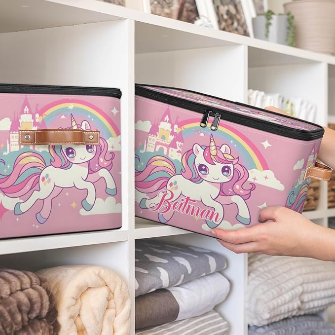 Storage-Bins with Lids Personalized Closet-Storage-Bins Under-Bed Stackable-Cubes-Box for Home Bedroom Rainbow Unicorn