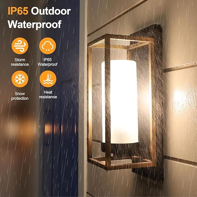 ALVIME Modern Outdoor Wall Lights 2 Pack Brushed Gold &amp Matte Black Exterior Sconce Waterproof Porch Light for House Garage Front Door Living Room Bathroom E26 Base Etched Opal Glass