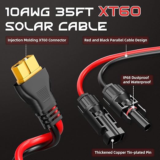 35FT 10AWG XT60 Solar Charging Cable GIBBAB Solar Panel Connector to XT60 Extension Charge Adapter Cable with Caps &amp Wire Ties for LiFePO4 Battery RV Portable Power Station Ecoflow Generator
