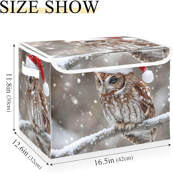 Storage Cube with Lid Christmas Owl Print 16.5×12.6×11.8 IN Collapsible Large Capacity Foldable Storage Basket Bin Organizer