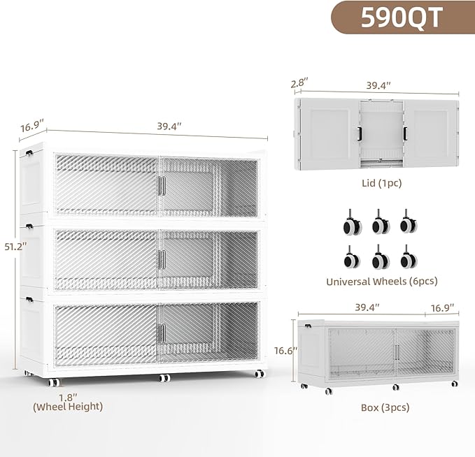SAILUN 240Gal Extra Large Stackable Storage Bins with a Lid Collapsible Storage Bins With Doors and Wheels Foldable Storage Cabinet for Garage Closet Organization White 3Pack