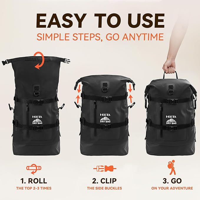 HEETA Dry Bags Waterproof Backpack 40L for Men &amp Women Roll Top Heavy Duty Cushioned Hiking Backpack for Kayaking Boating Paddle Boarding Fishing Travel Camping Beach Vacation Cruise Ship Essenti