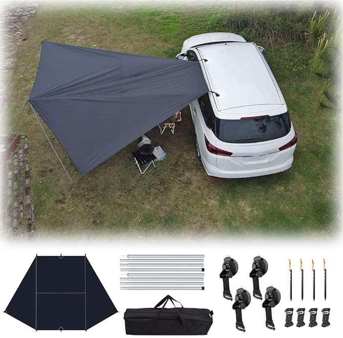 Car Side Awning Tent for Mitsubishi Outlander 2010-2025 SUV 7-Seater Oxford Fabric Camping Vehicle Side Sun Shelter Portable Tailgate ShelterBlack-2m Aluminum Rod Set