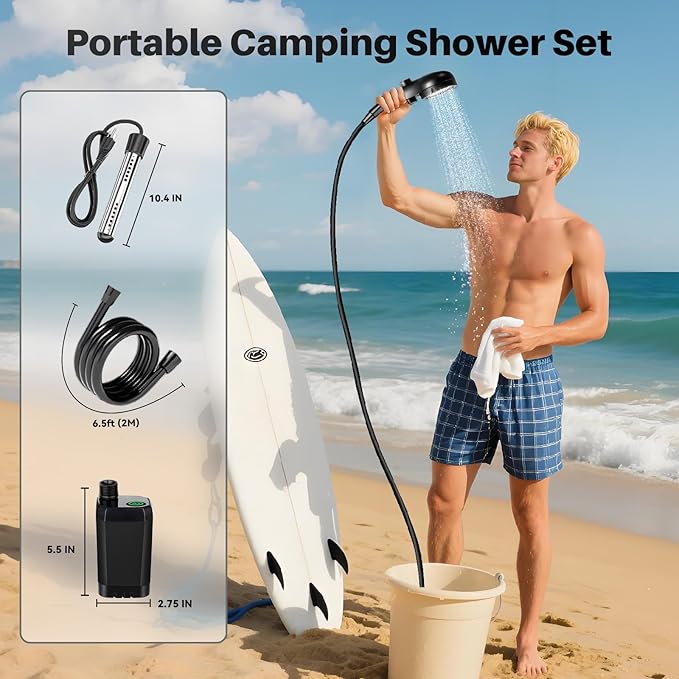 Portable Camping Shower with Heater 6000mAh Rechargeable Portable Shower with 2000W Immersion Heater LED Display Heated Camping Shower for Travel Hiking Car Pet