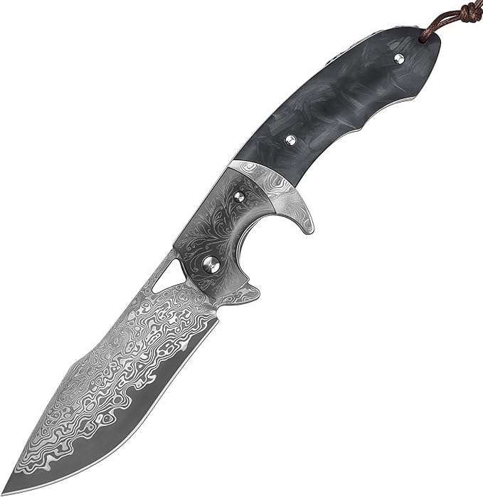Knives Outdoor Gear Knives 67-Layer Damascus Steel Folding Knife HRC 60 Hand-Carved Vegetable-Tanned Leather Sheath Carbon Fiber Handle Folding Knife Gift Ideas for Men