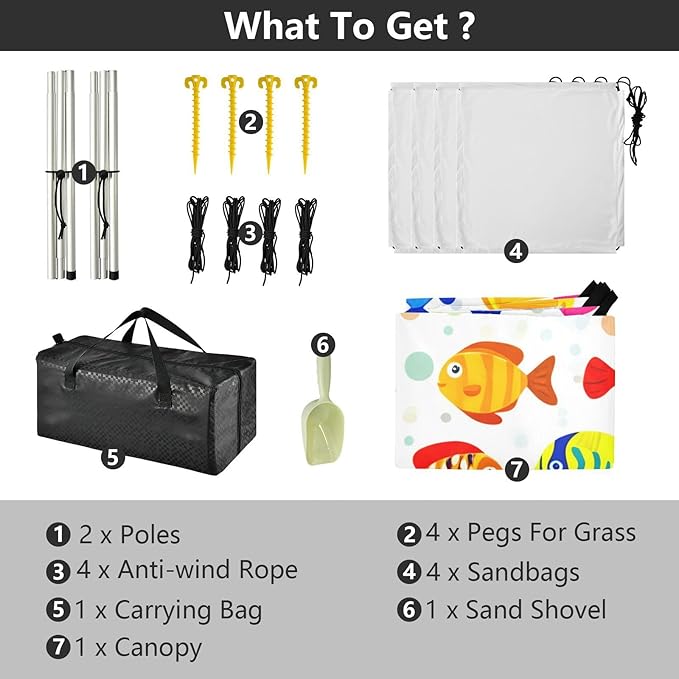 Beach Canopy with Windproof Ropes &amp Sandbags Beach Tent Sun Shade Sun Shelter for Camping Trips Fishing Backyard Fun or Picnics Fish
