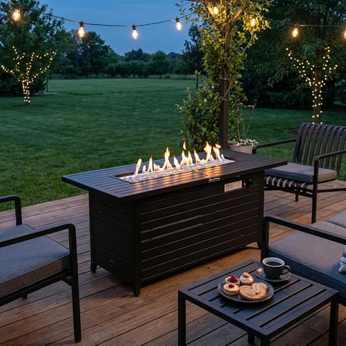 LEGACY HEATING 57 inch Propane Fire Pit Table Outdoor Gas Fire Pit Table 50000BTU Fire Table with Lid Retangular Black Firepit Table for Garden Backyard Deck Poolside Party