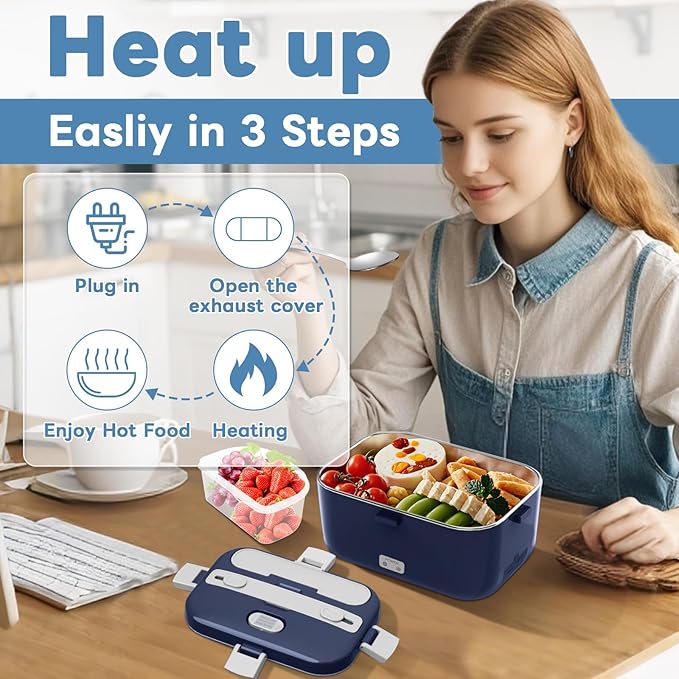 DUPASU Electric Lunch Box for Adults: 100W Heated Lunch Box Food Warmer 1.8L Portable Fast Heating Lunchbox Food Heater or Car Truck Work Travel Lonchera Elctrica Porttil 12/24V/110-230V
