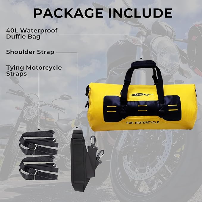 40L Waterproof Motorcycle Duffel Bag - Motorcycle Luggage Tail Bag with Straps for Back Seat - Roll Top Dry Bag for Kayaking Rafting Boating Camping Travel Beach (Yellow)