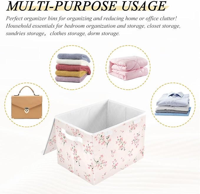 ALAZA Light Pink Small Floral 5 Storage Bins Organizer Box Baskets Lidded Clothes for Shelves Closet Collapsible Stackable Storage Cubes Handles