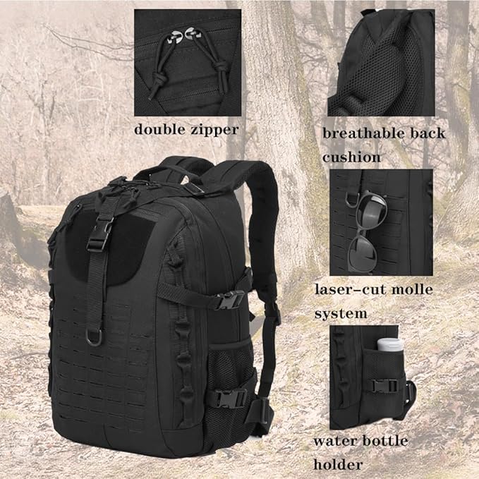 Military Tactical Backpack For Men Laser-Cut Molle Daypack 3 Day for HikingWorkingTravel (black)